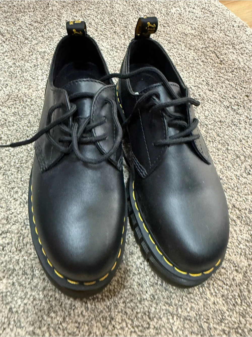 Dr. Martens Black Leather Platform Lace-Up Shoes with Yellow Stitching